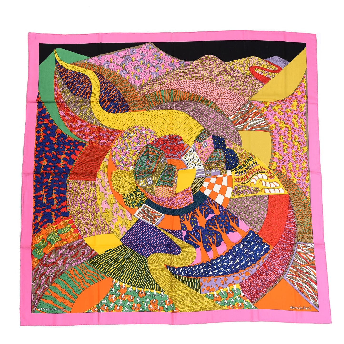 Cashmere Silk Travers Champs Shawl GM 140 Rose Vif Jaune Multi