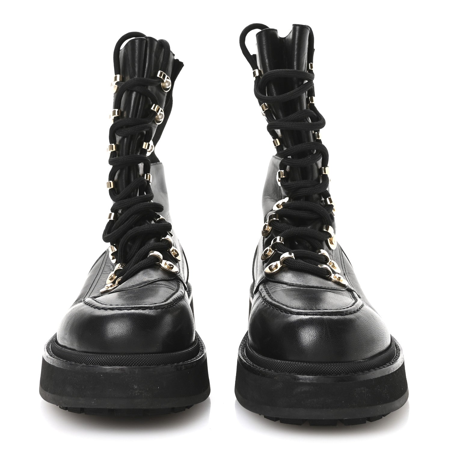 Chanel Calfskin Knit Lace Up Combat Boots 37.5 Black 3 of 8