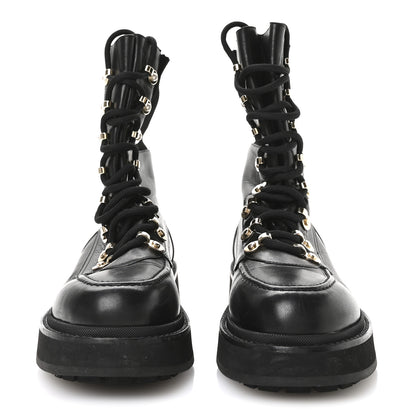 Chanel Calfskin Knit Lace Up Combat Boots 37.5 Black 3 of 8