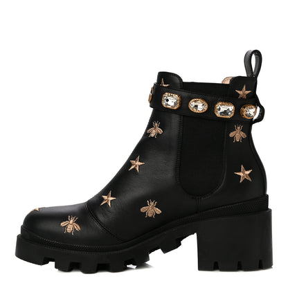 Gucci Calfskin Bee Star Embroidered Belt Ankle Boots 39.5 Black 1 of 9