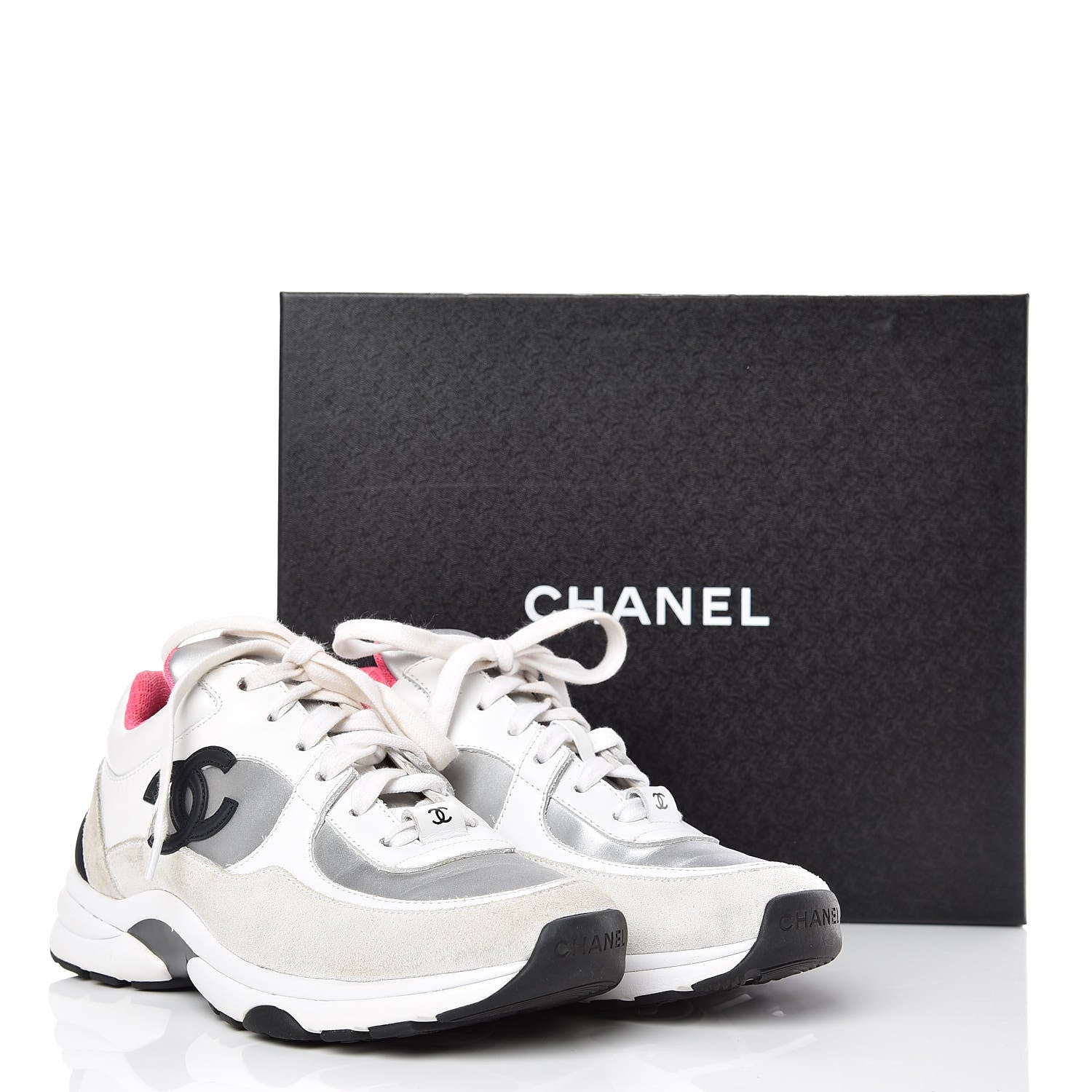 Chanel Calfskin Fabric Sneakers 35 White Silver Fluo Pink 8 of 8