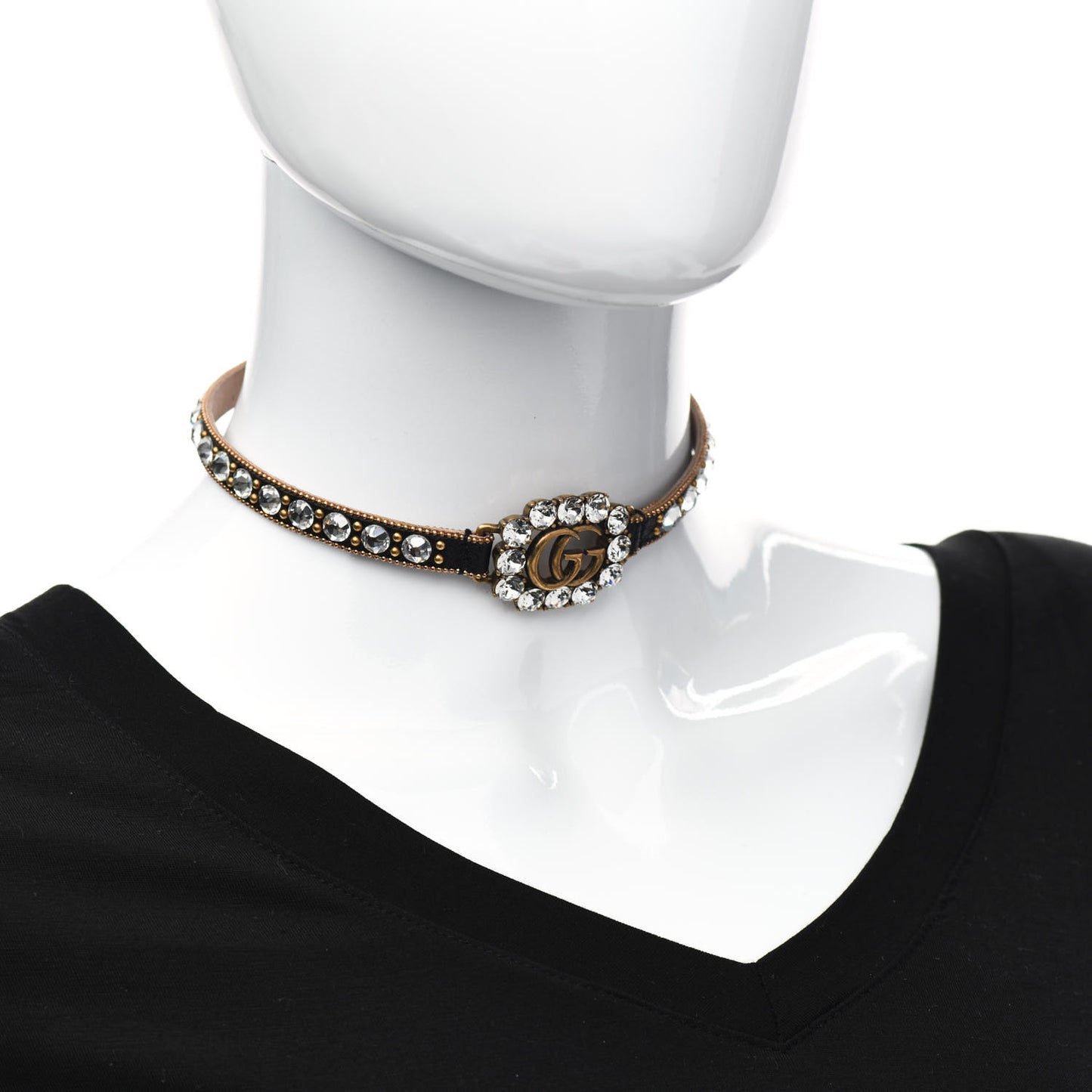 Calfskin Crystal Embellished Double G Choker Necklace Black