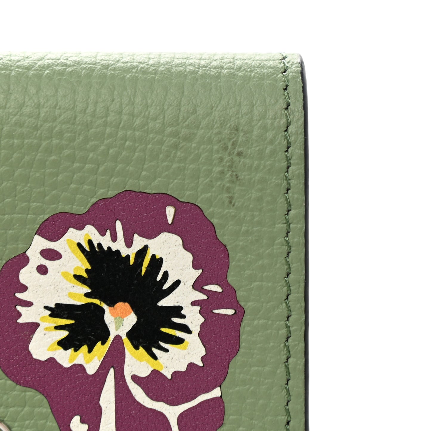 Pebble Grain Calfskin Pansies Print Coin Cardholder Rosemary