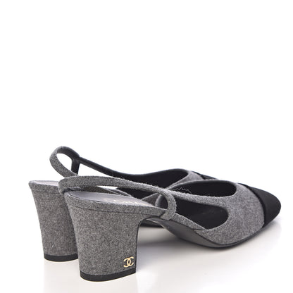Chanel Wool Velvet Cap Toe CC Slingback Pumps 38 Black Grey 4 of 11