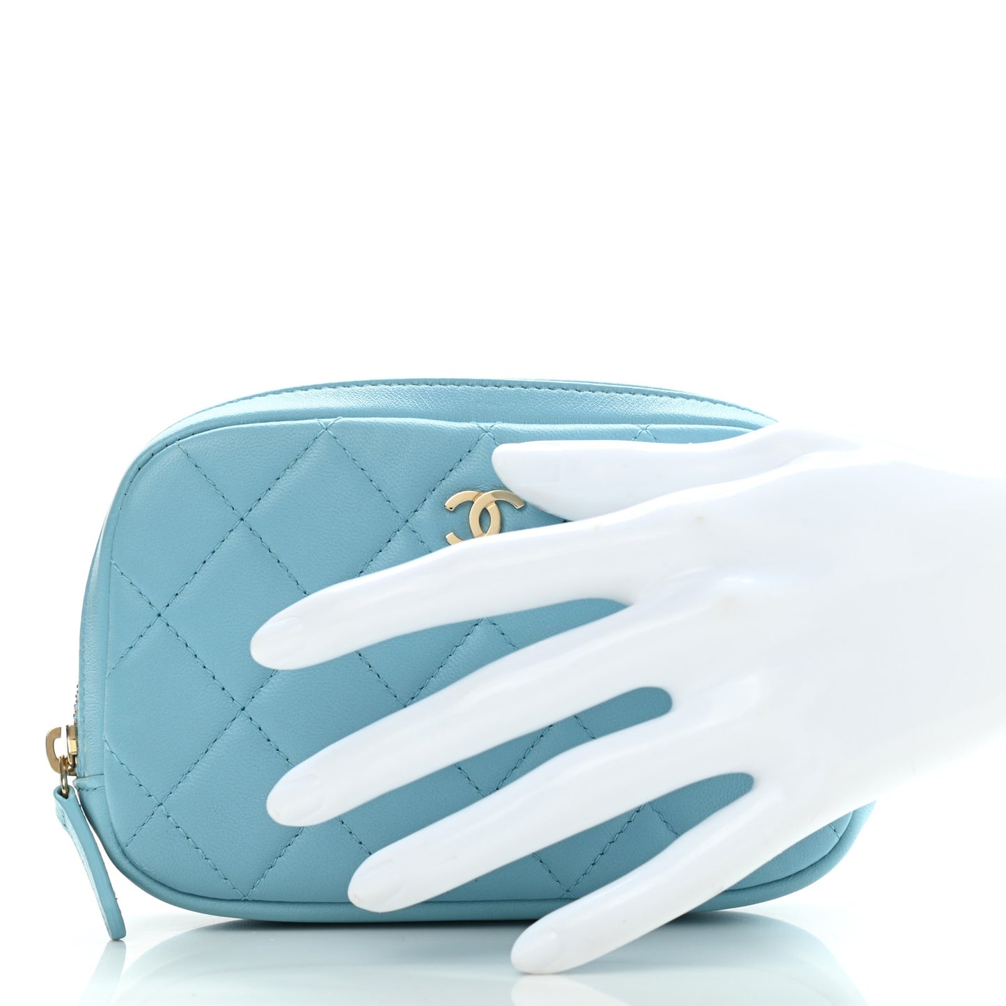 Lambskin Quilted Small Curvy Pouch Cosmetic Case Light Blue