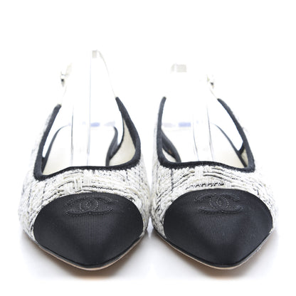Chanel Tweed Cap Toe CC Slingback Flat 38 White Black 2 of 10