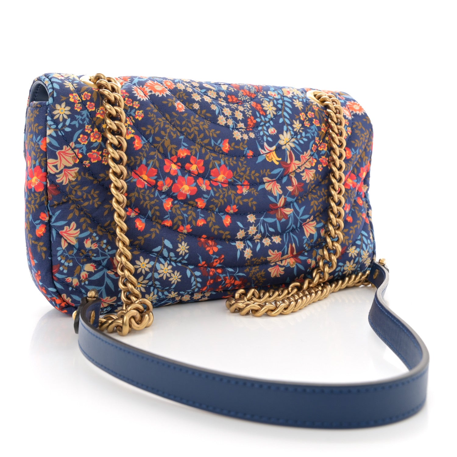Gucci Cotton Calfskin Matelasse Floral Print Small GG Marmont Shoulder Bag Blue Red Deep Ocean Blue 3 of 11