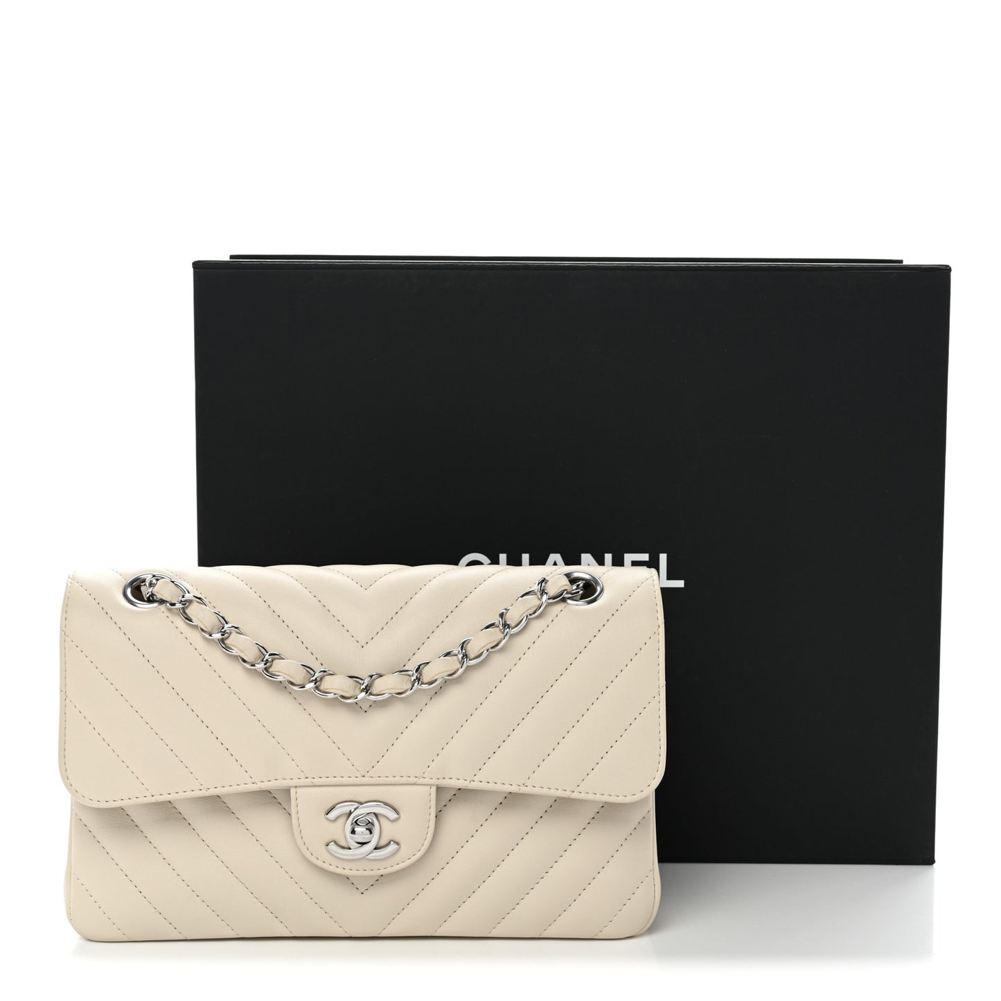 Calfskin Chevron Quilted Small Double Flap Ivory
