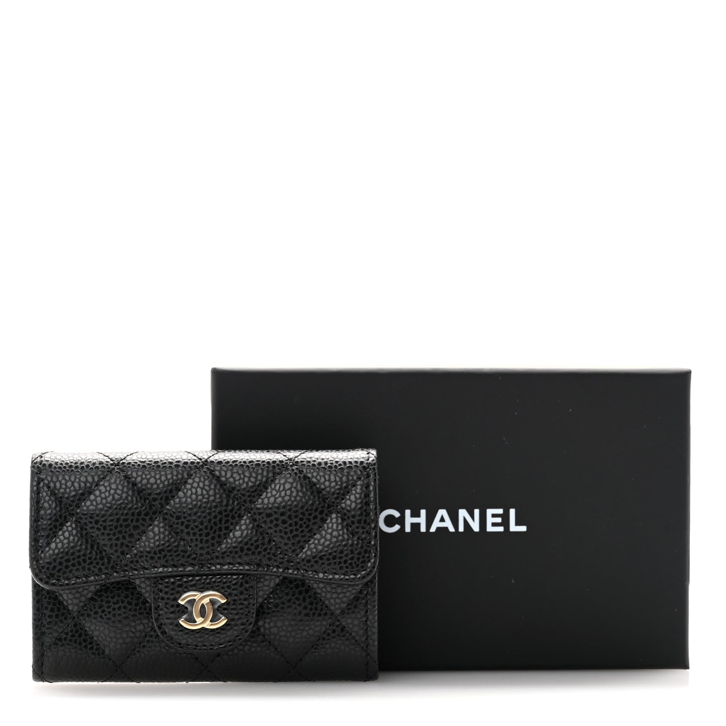 Caviar Quilted Flap Card Holder Wallet Black