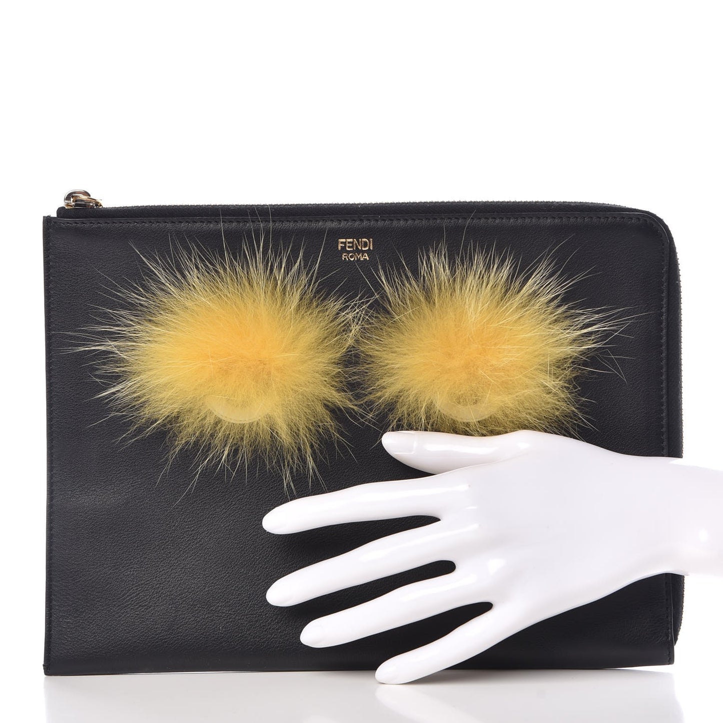 Vitello Dolce Fox Fur Monster Eyes Zip Around Pouch Black