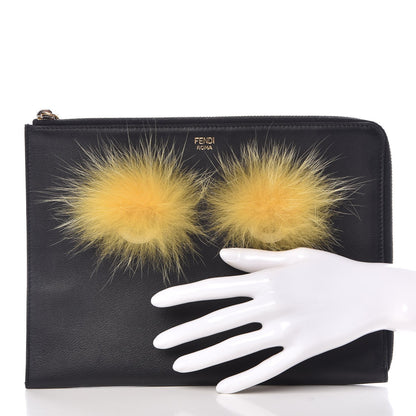 Fendi Vitello Dolce Fox Fur Monster Eyes Zip Around Pouch Black 2 of 7