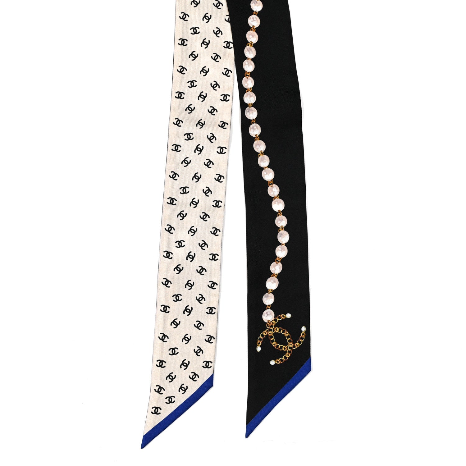 Chanel Silk Pearl CC Chain Slim Bandeau Scarf Dark Grey Blue Ecru 2 of 3