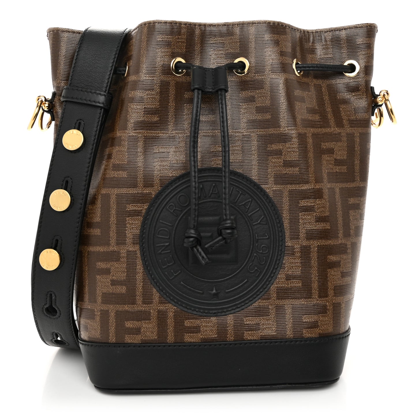 Glazed Fabric Vitello Grace F is Fendi FF 1974 Stamp Patch Grande Mon Tresor Bucket Bag Mogano Panna Black