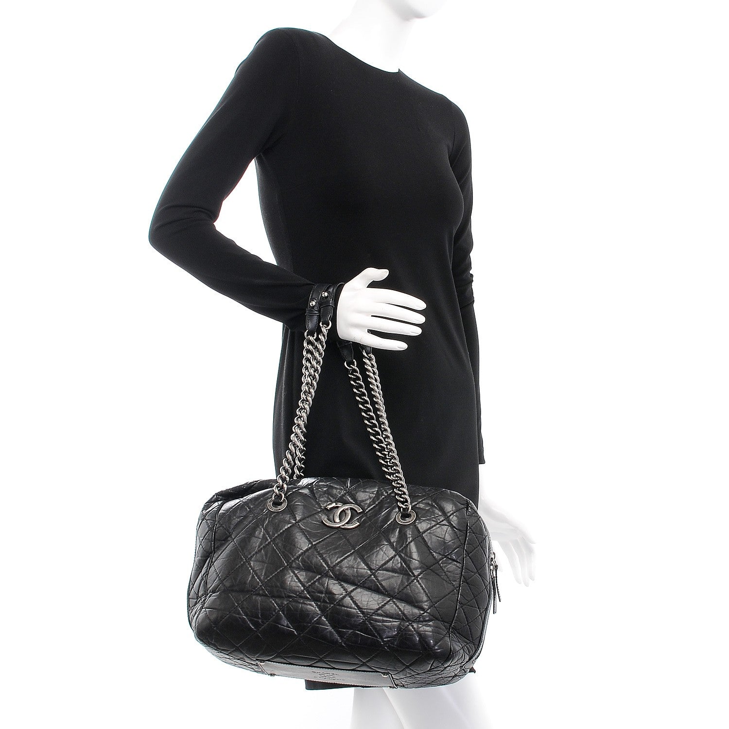 Chanel Aged Calfskin Quilted Large Secret Tag Bowling Bag Black 2 of 9