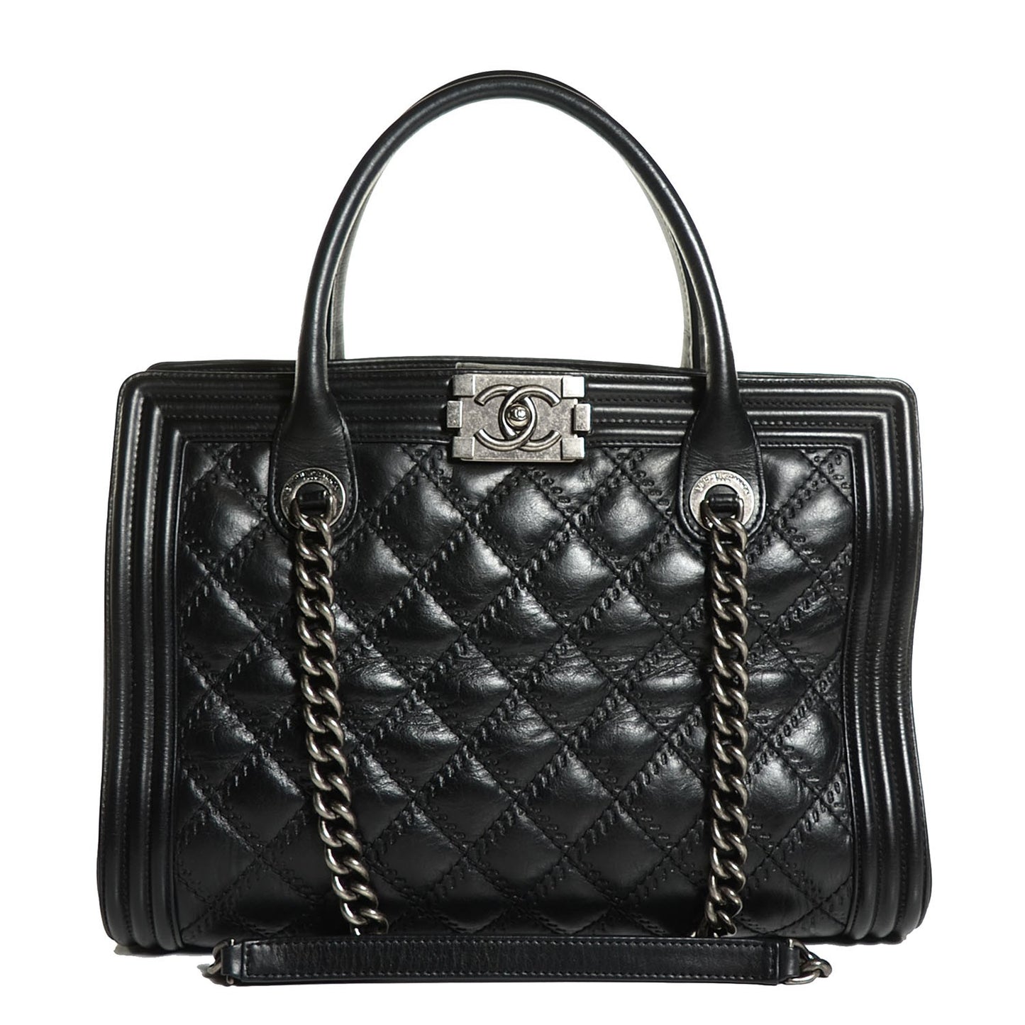 Calfskin Quilted Double Stitch Large Boy Tote Black