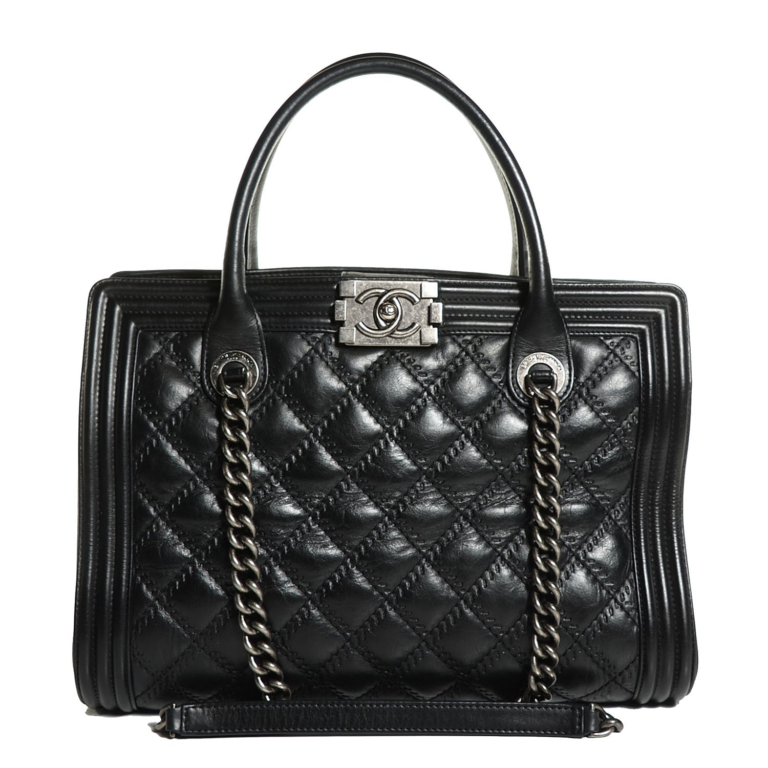 Chanel Calfskin Quilted Double Stitch Large Boy Tote Black 1 of 8