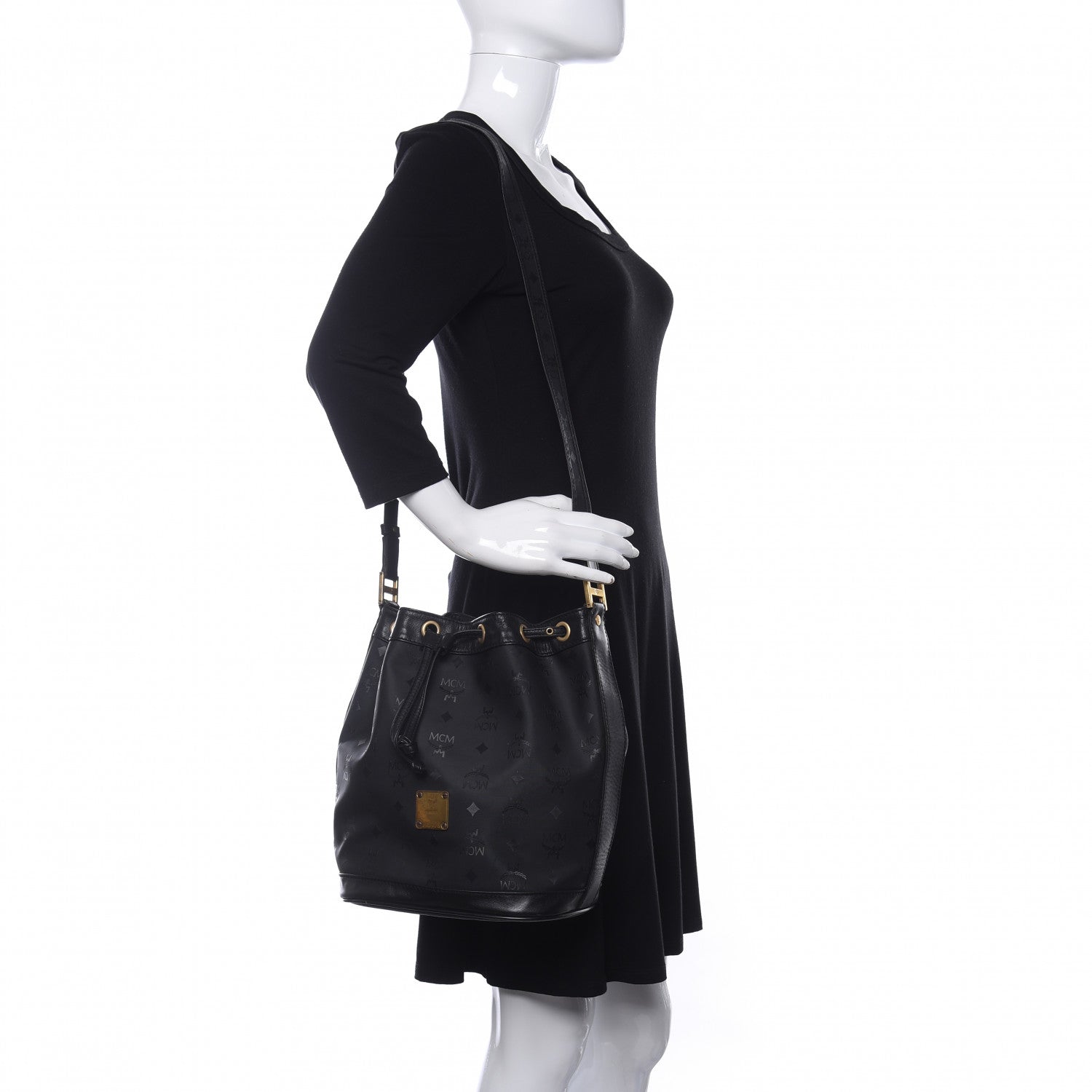 MCM Nylon Monogram Drawstring Bucket Bag Black 2 of 10