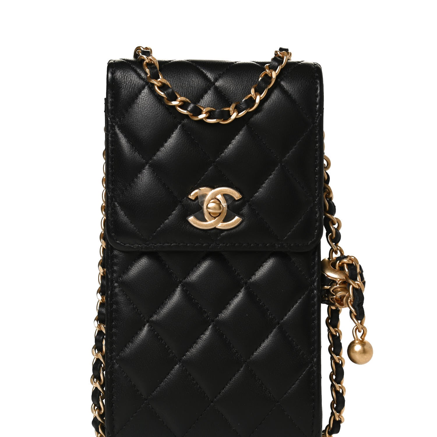 CHANEL ブラックレザー ケース Chanel Lambskin Quilted Pearl Crush Phone Holder With Chain Black