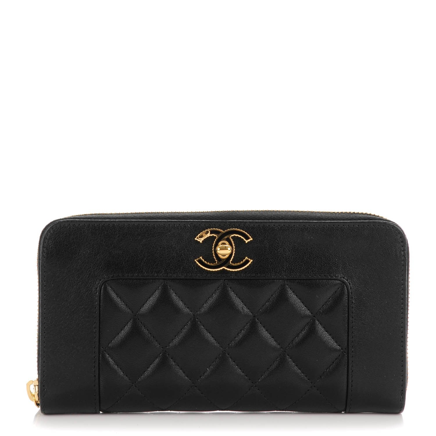 Chanel Sheepskin Quilted Mademoiselle Vintage Zip Around Wallet Black 1 of 8