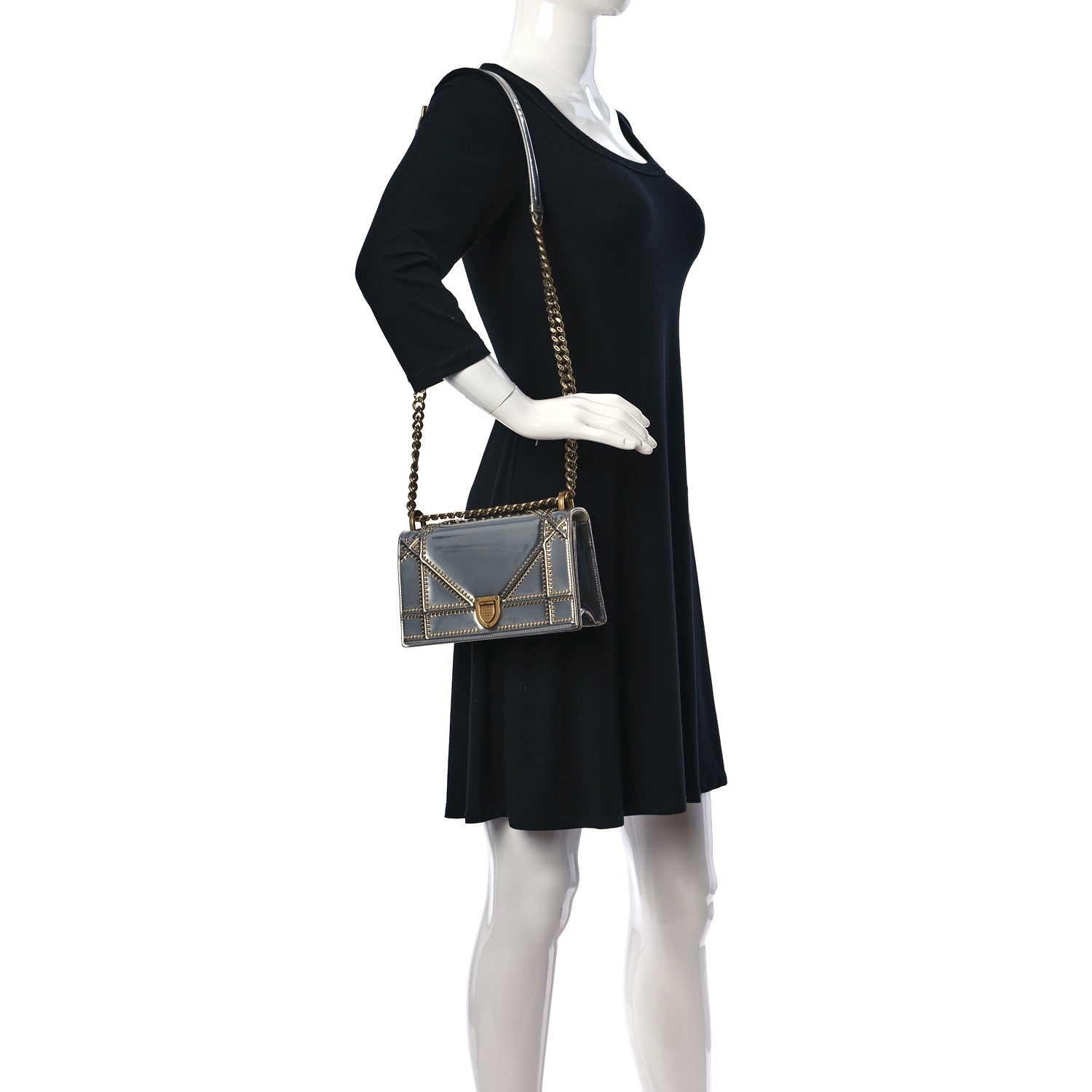 Christian Dior Metallic Patent Studded Small Diorama Flap Bag Silver 2 of 9