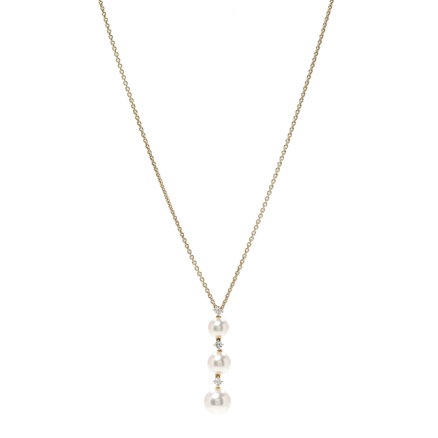 Mikimoto 18K Yellow Gold Diamond Akoya Pearl 5-7.5mm Three Pearl Drop Pendant Necklace 1 of 6