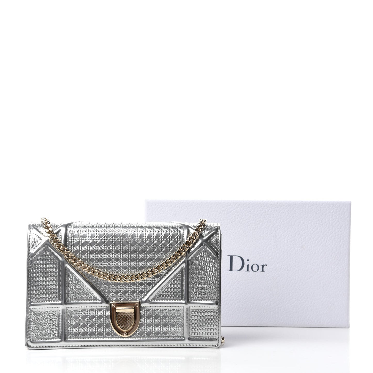 Metallic Patent Micro-Cannage Diorama Wallet on Chain Pouch Silver