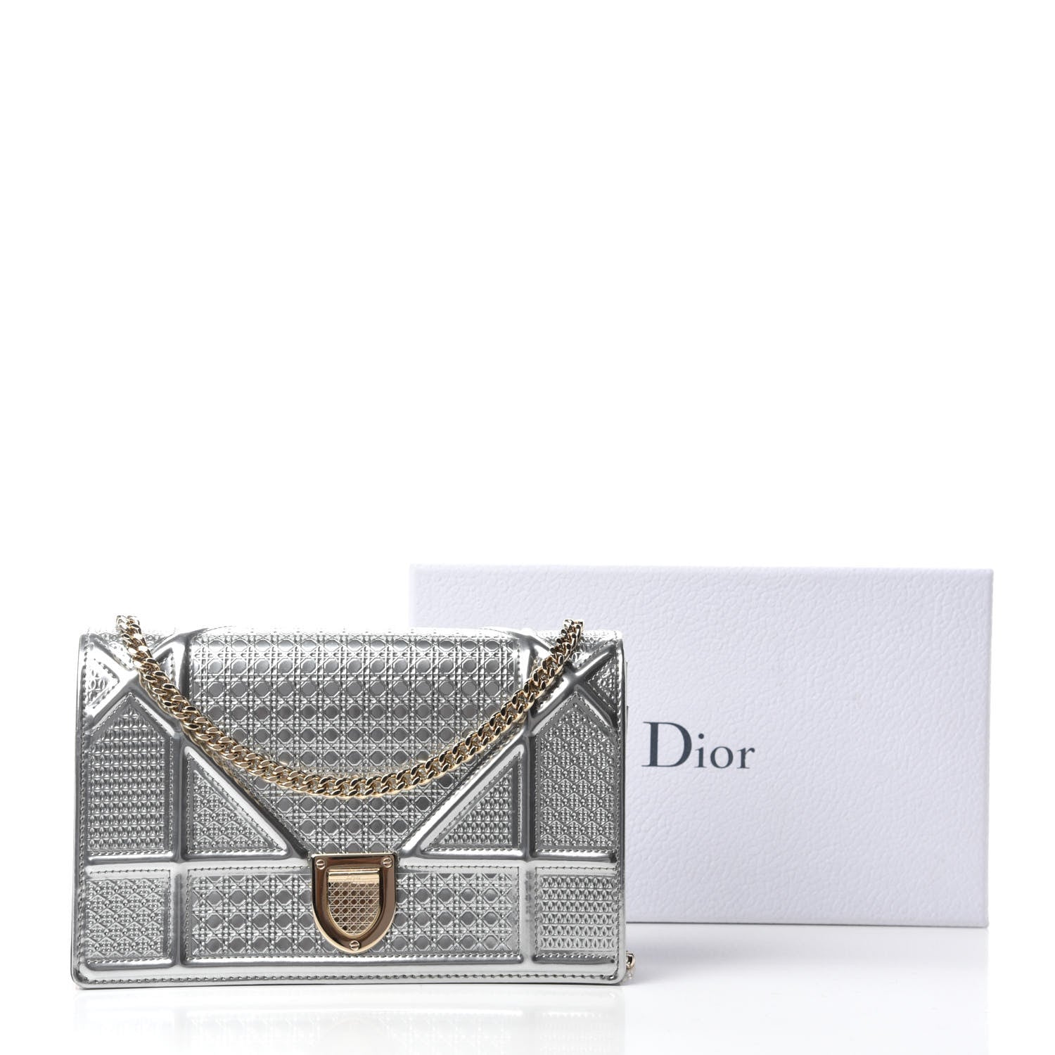 Christian Dior Metallic Patent Micro-Cannage Diorama Wallet on Chain Pouch Silver 10 of 10