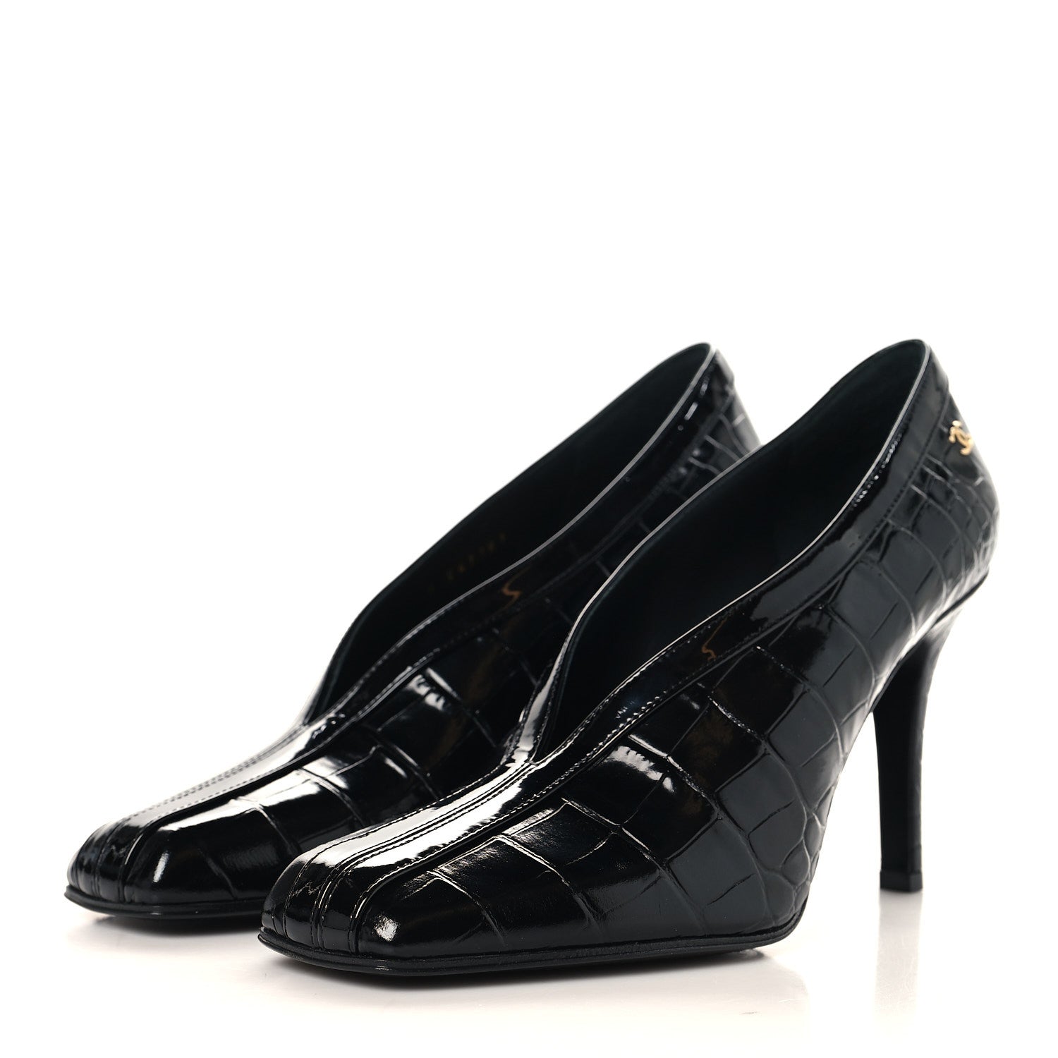 Chanel Crocodile Embossed Patent Calfskin Pumps 38.5 Black 9 of 20
