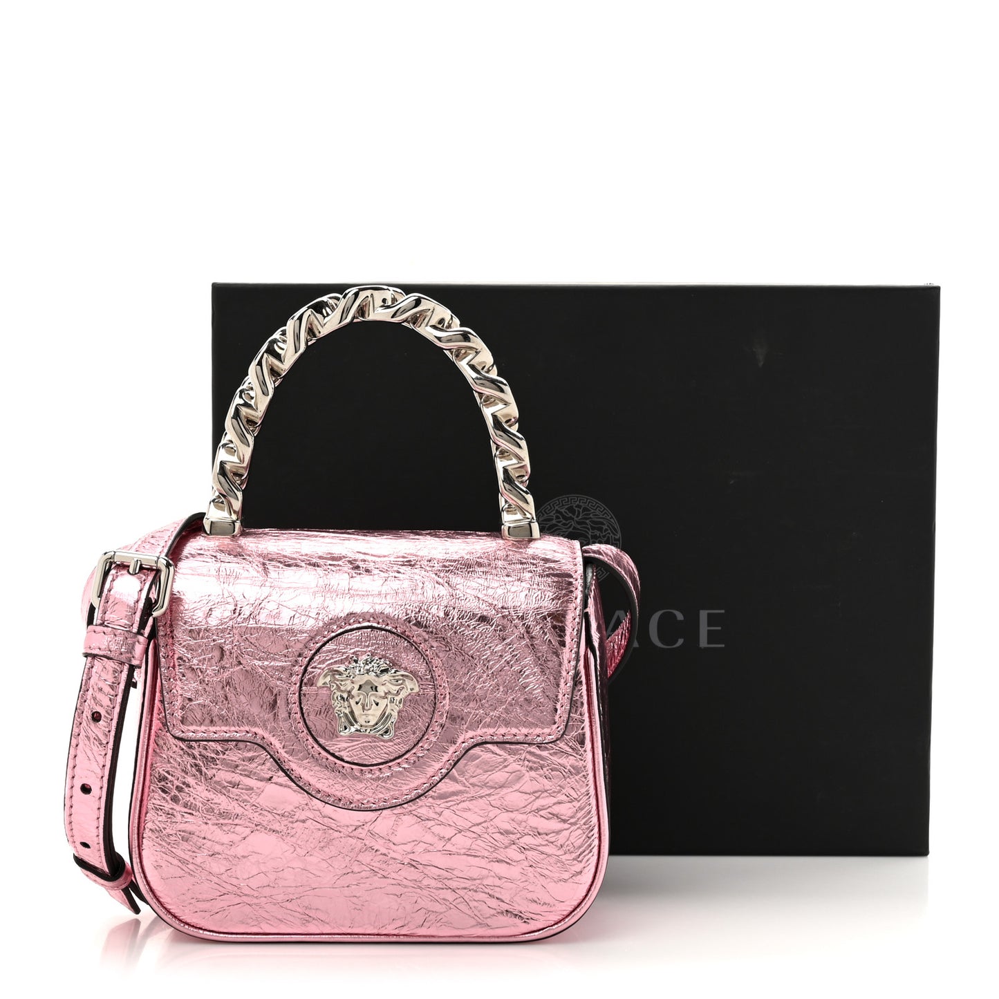 Metallic Crackled Lambskin Mini La Medusa Bag Pink