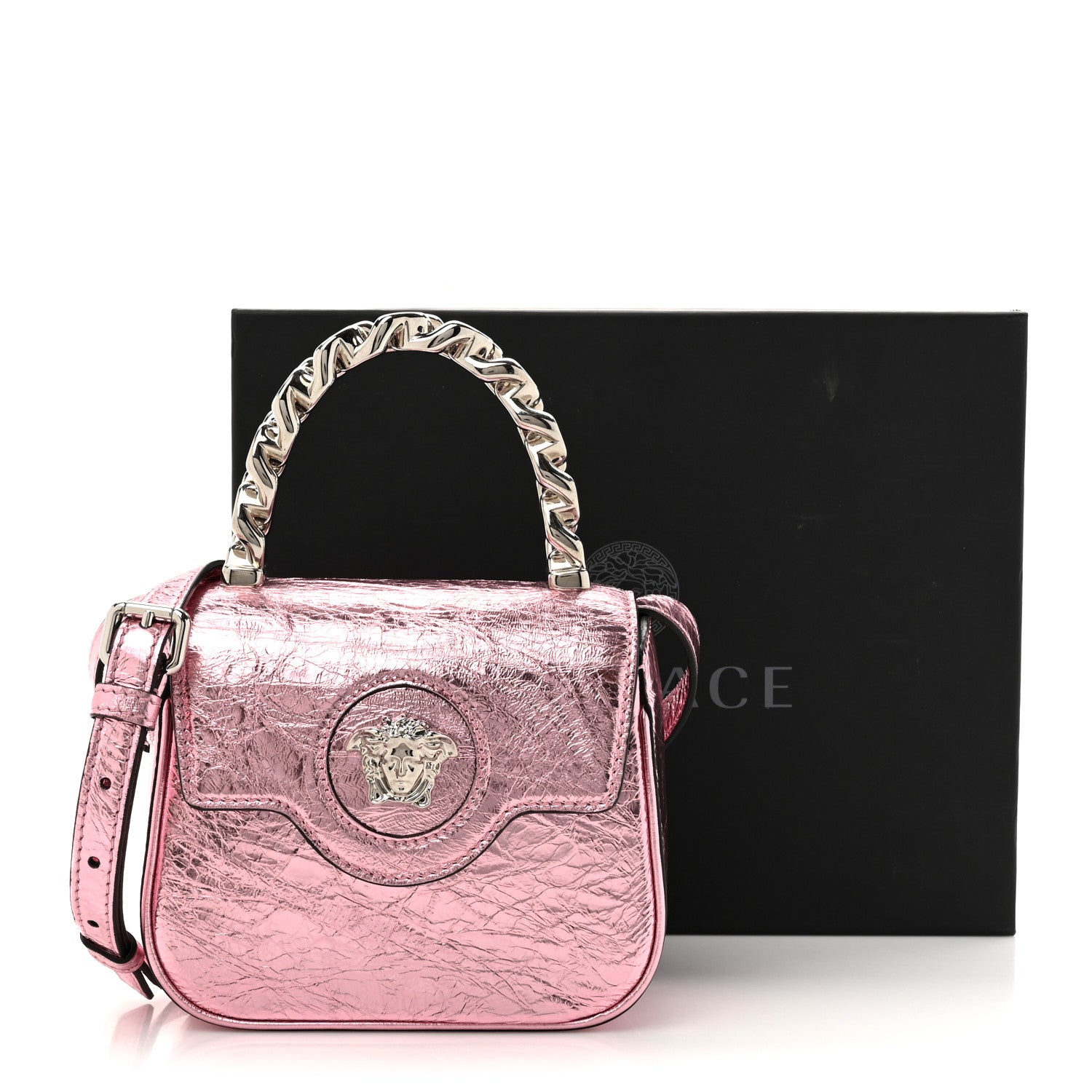 Versace Metallic Crackled Lambskin Mini La Medusa Bag Pink 11 of 11