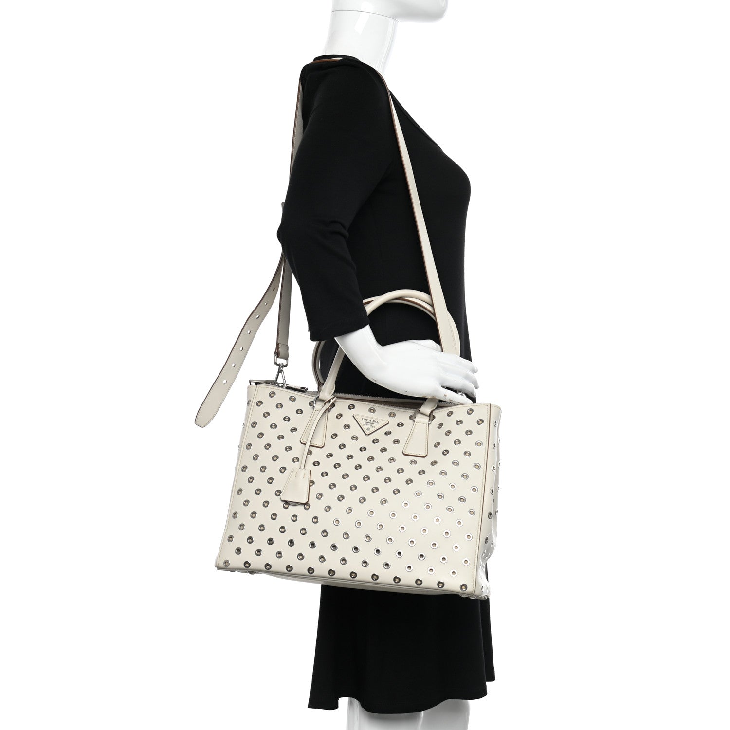 Prada City Calf Grommet Large Double Zip Tote Talco 2 of 12