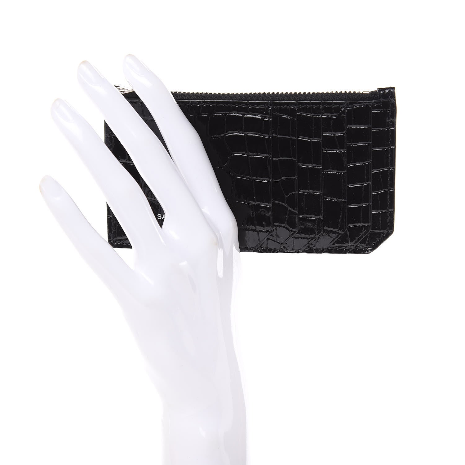 Saint Laurent Calfskin Crocodile Embossed 5 Fragments Zip Pouch Card Holder Black 2 of 6