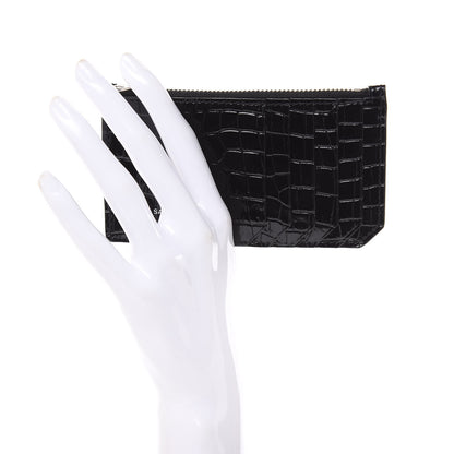 Saint Laurent Calfskin Crocodile Embossed 5 Fragments Zip Pouch Card Holder Black 2 of 6