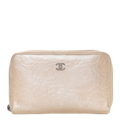 Chanel Lambskin Camellia Embossed Zip Around Organizer Wallet Light Beige 1 of 23