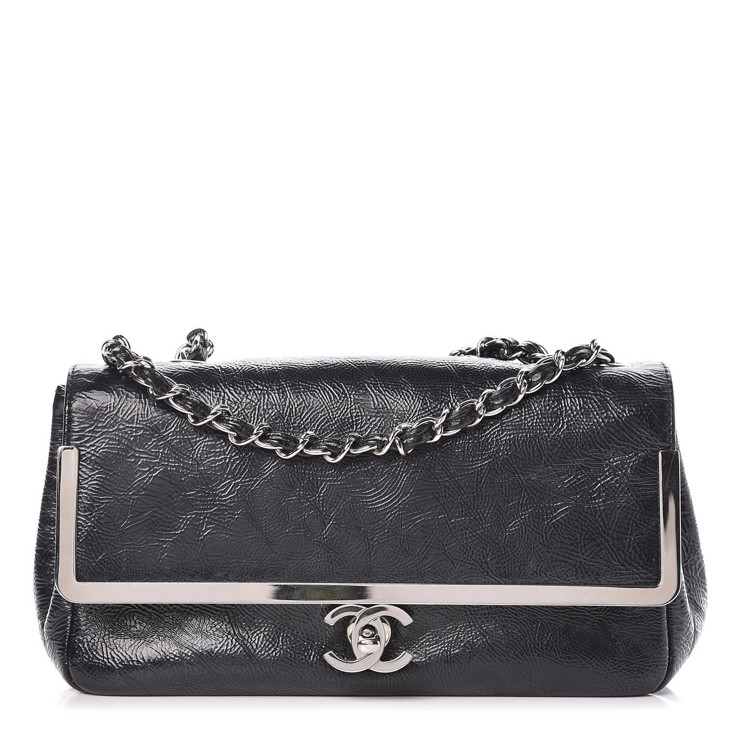 Distressed Patent Calfskin Small Frame Single Flap Black