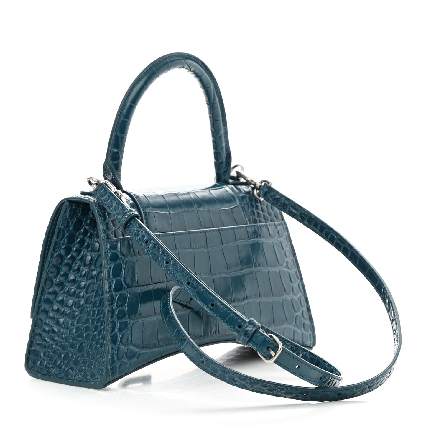 Shiny Calfskin Crocodile Embossed Small Hourglass Top Handle Bag Dark Petrol Blue
