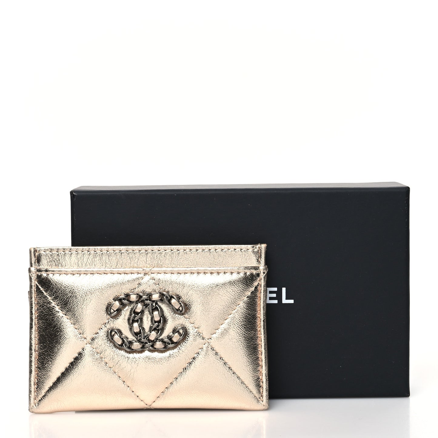 Metallic Lambskin Quilted Chanel 19 Card Holder Gold