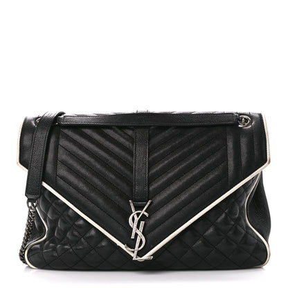 Saint Laurent Calfskin Mixed Matelasse Triquilt Large Monogram Envelope Satchel Black White 1 of 12