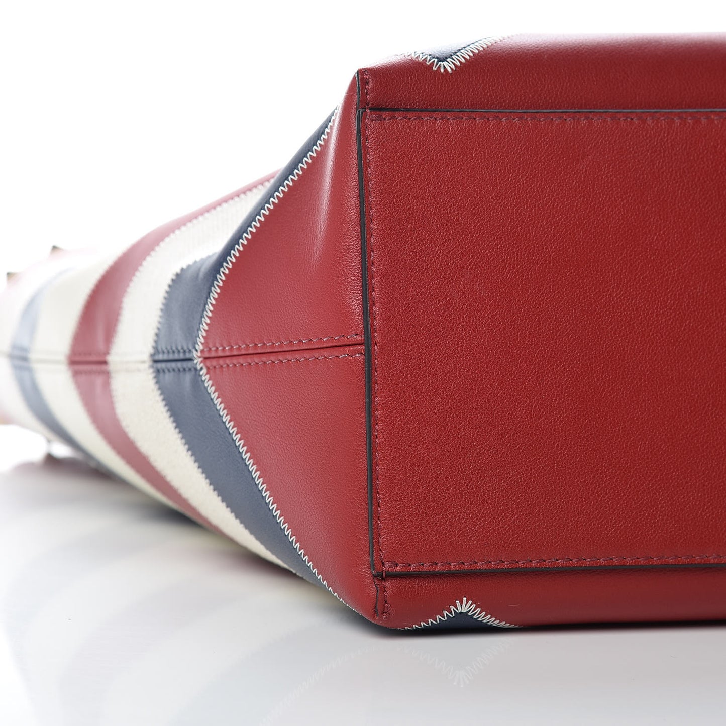 Calfskin Canvas Chevron Inlay Rockstud Shoulder Tote Red White Blue