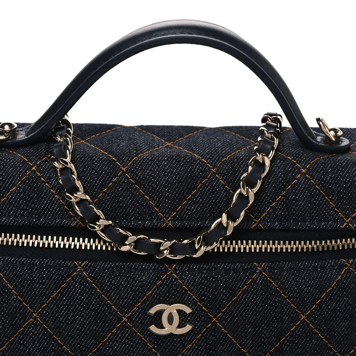 Denim Quilted Top Handle Slim Vanity Case With Chain Dark Blue Orange