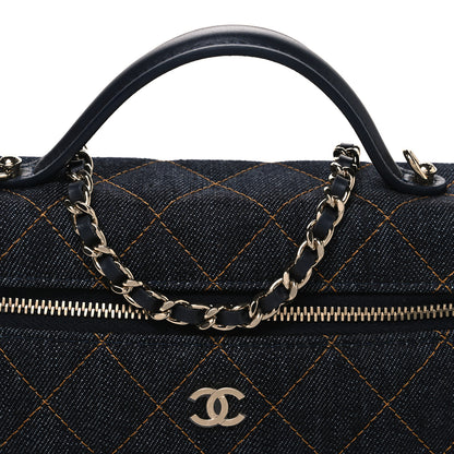 Chanel Denim Quilted Top Handle Slim Vanity Case With Chain Dark Blue Orange 8 of 10