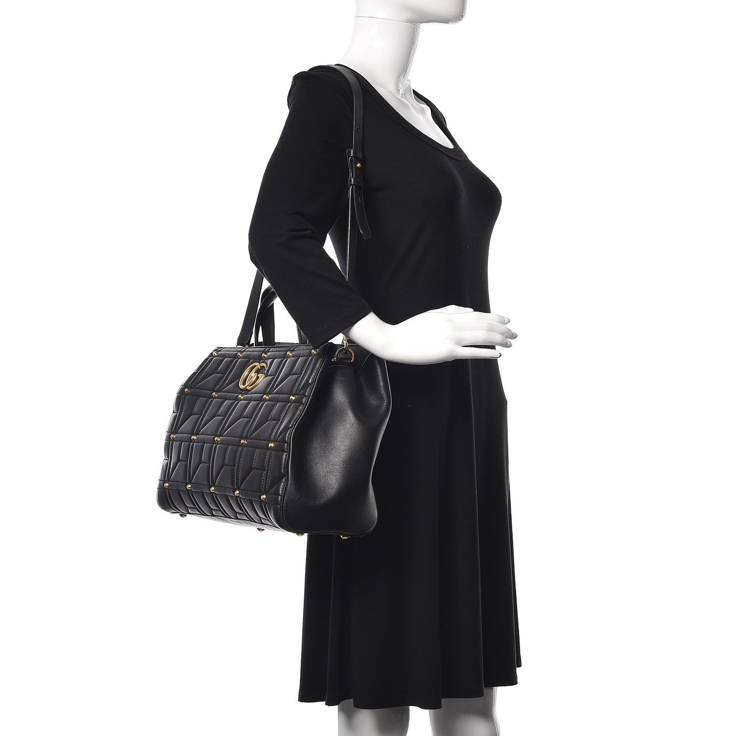 Gucci Calfskin Matelasse Studded Medium GG Marmont Tote Black 2 of 11
