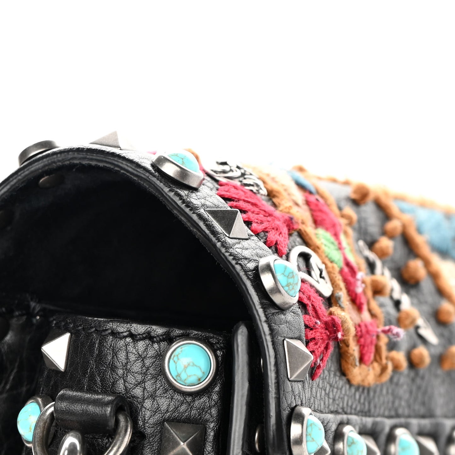 Calfskin Embroidered Medium Guitar Strap Rockstud Rolling Flap Saddle Bag Black