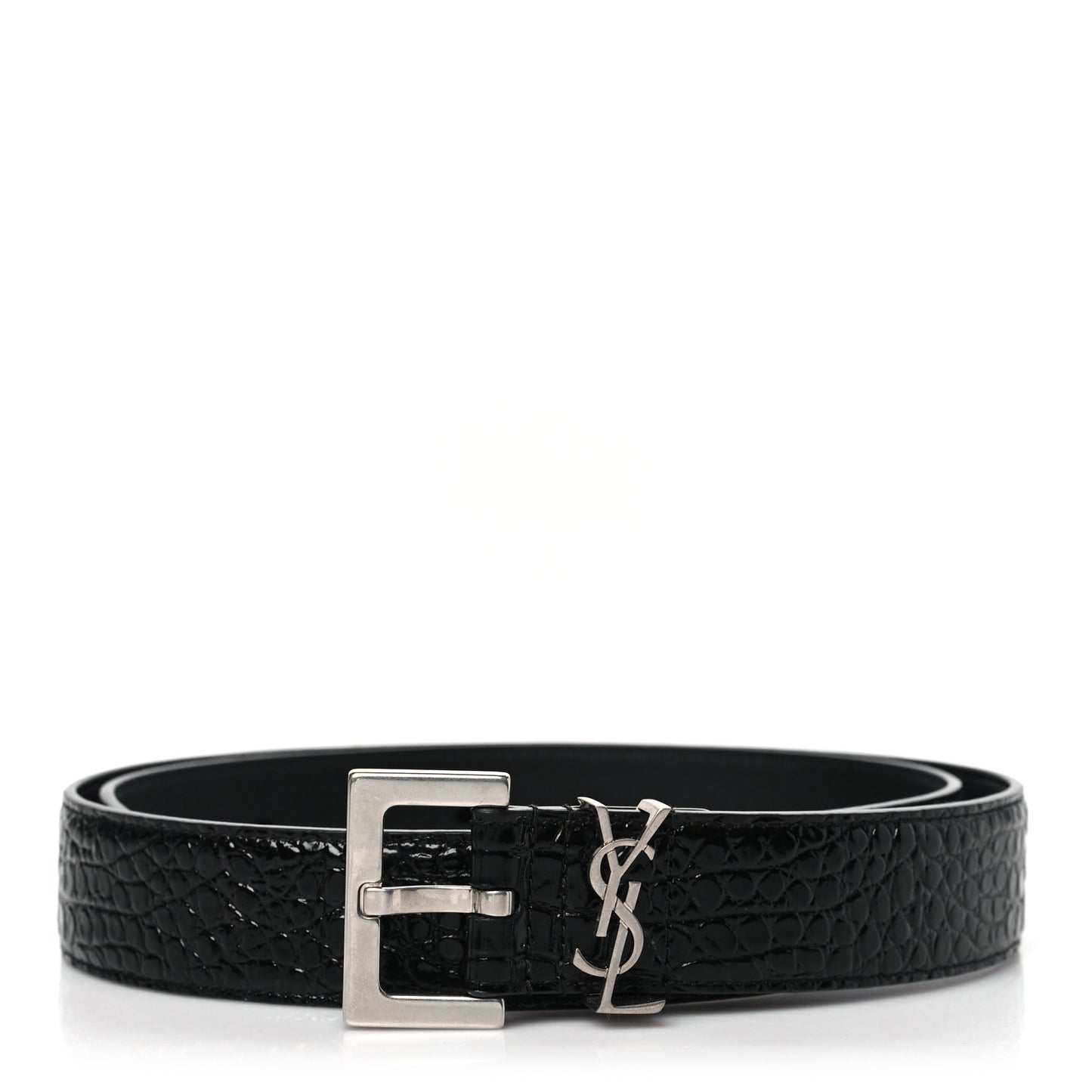 Calfskin Crocodile Embossed Monogram Square Buckle Belt 85 34 Black