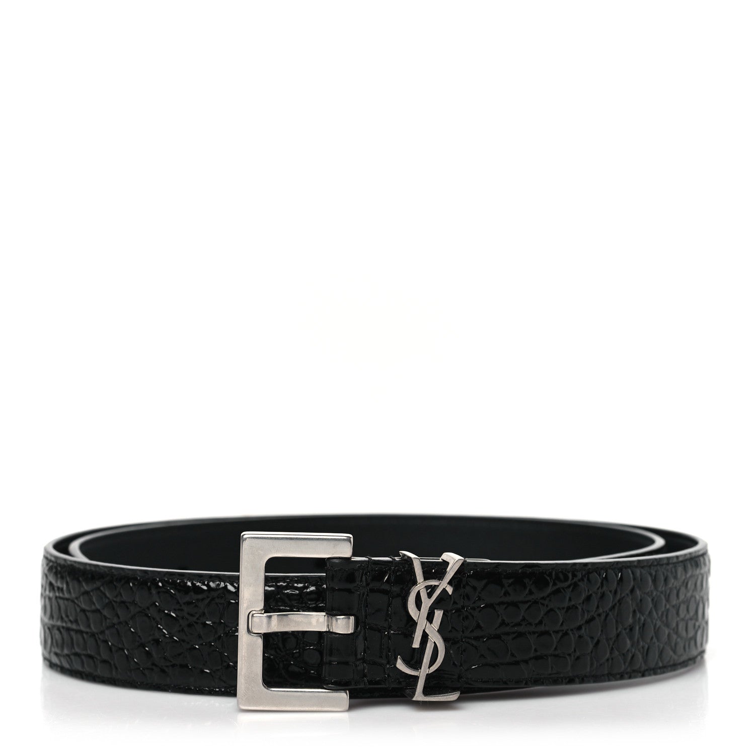 Saint Laurent Calfskin Crocodile Embossed Monogram Square Buckle Belt 85 34 Black 1 of 6