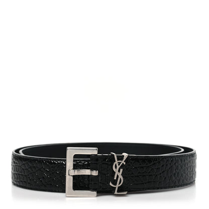 Saint Laurent Calfskin Crocodile Embossed Monogram Square Buckle Belt 85 34 Black 1 of 6