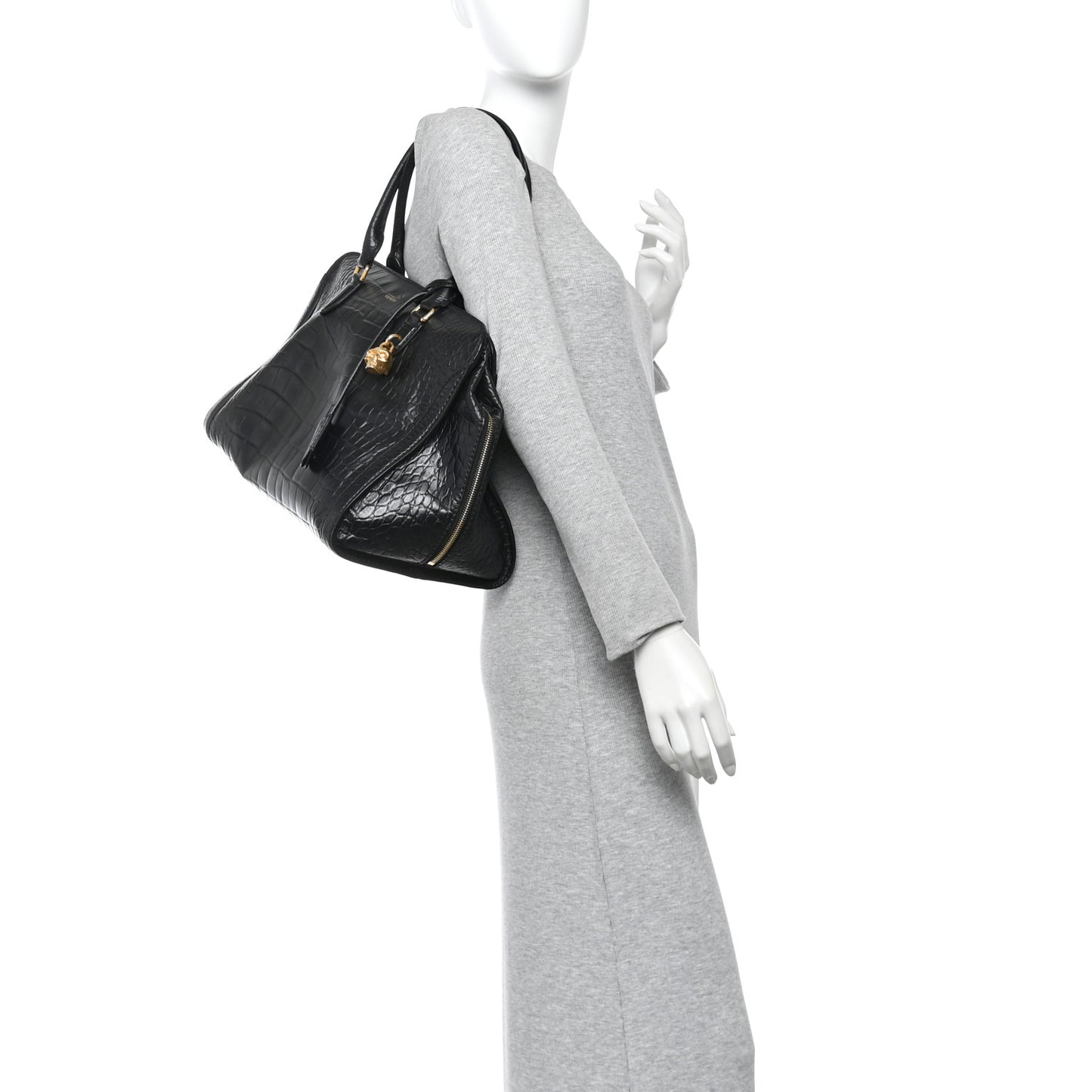 Calfskin Crocodile Embossed Large Skull Padlock Zip Around Tote Black