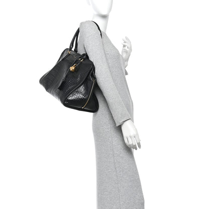 Alexander McQueen Calfskin Crocodile Embossed Large Skull Padlock Zip Around Tote Black 2 of 10
