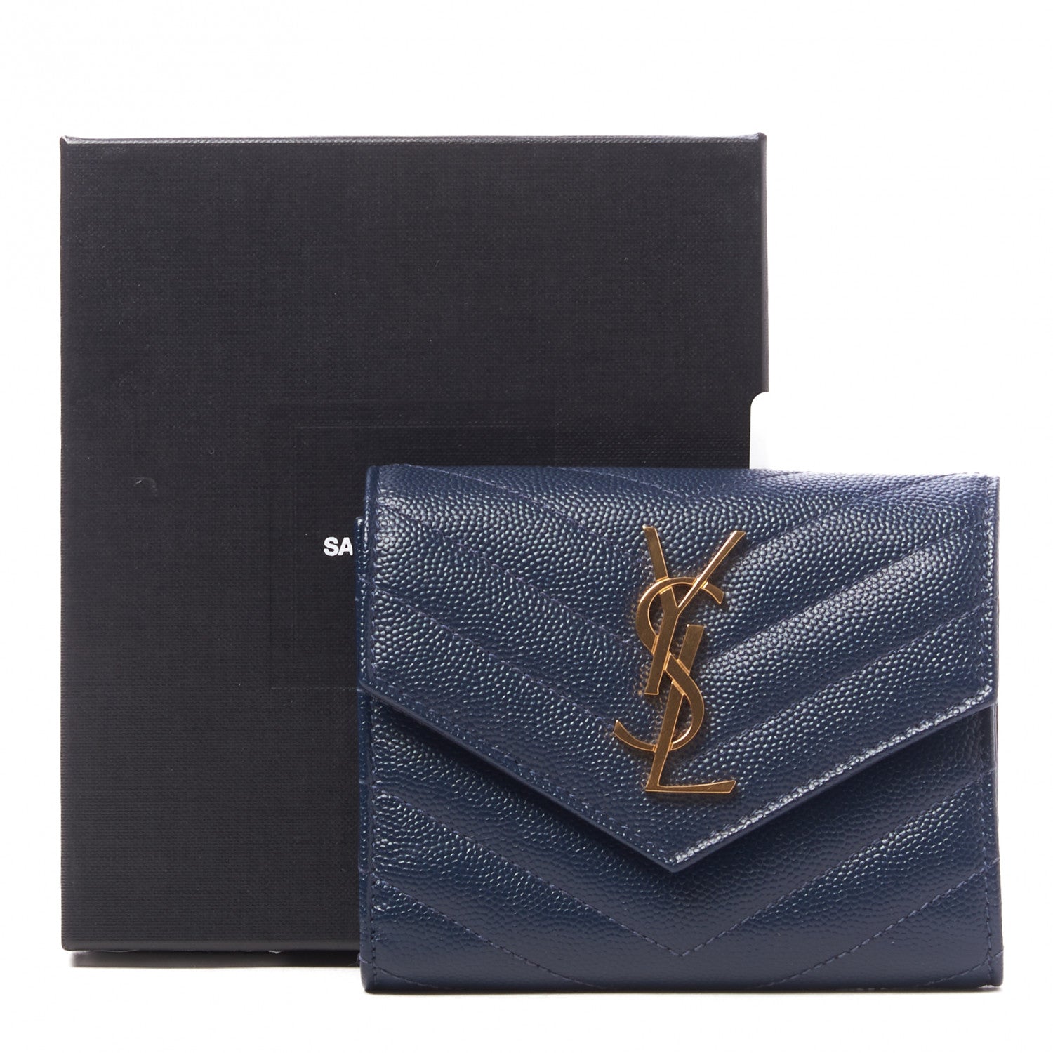 Saint Laurent Grain De Poudre Matelasse Chevron Monogram Compact Tri Fold Wallet Blue Sapphire 8 of 8