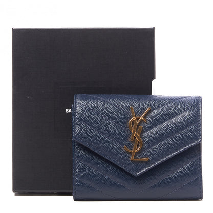 Saint Laurent Grain De Poudre Matelasse Chevron Monogram Compact Tri Fold Wallet Blue Sapphire 8 of 8